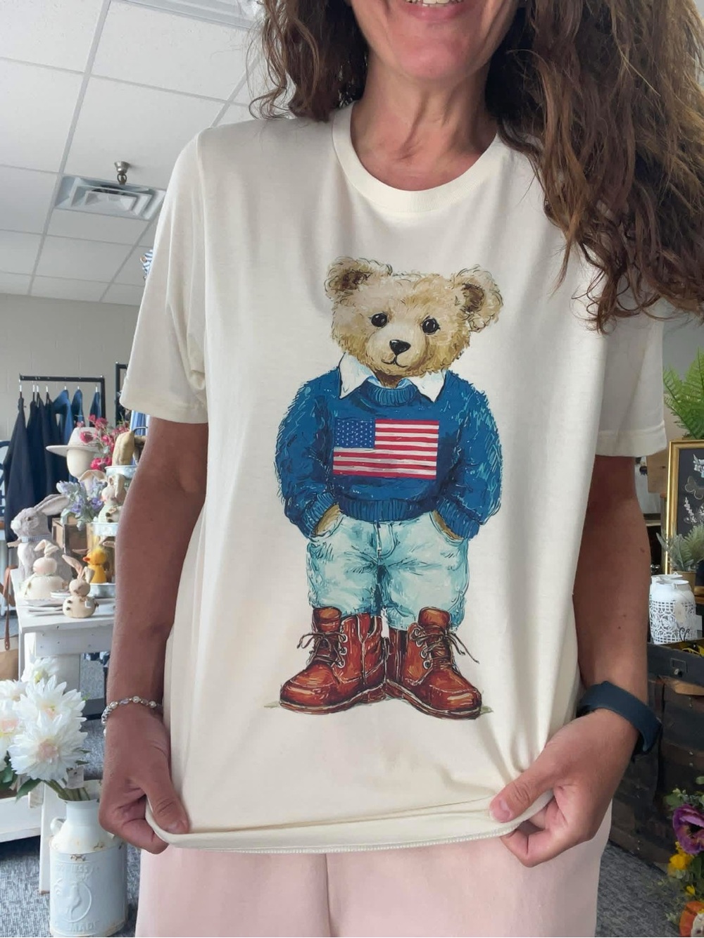 Cream Short-Sleeve Tee with Teddy Bear Graphic NWT USA